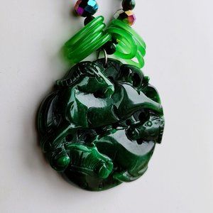 One of Kind Necklace Wild Horses Jade Stone RARE Glass Rings